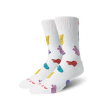 White socks with colorful peace signs and hearts on a white background
