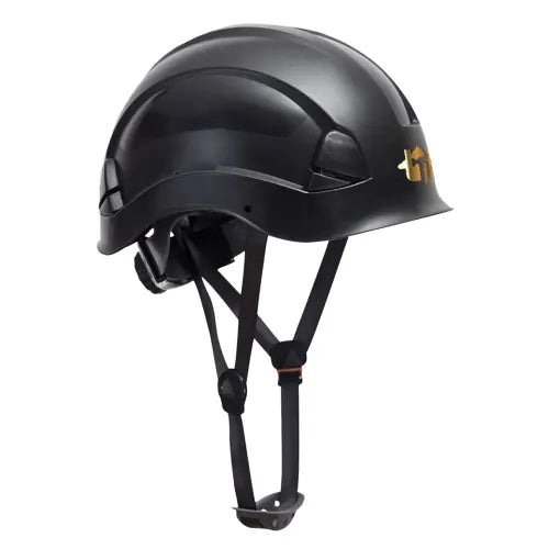 Black helmet with a gold emblem on a white background