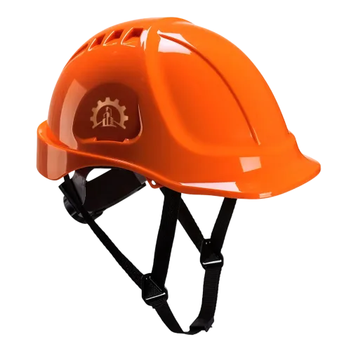 Orange safety helmet hat with a logo for construction site