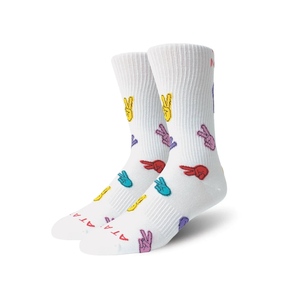 White socks with colorful peace signs and hearts on a white background